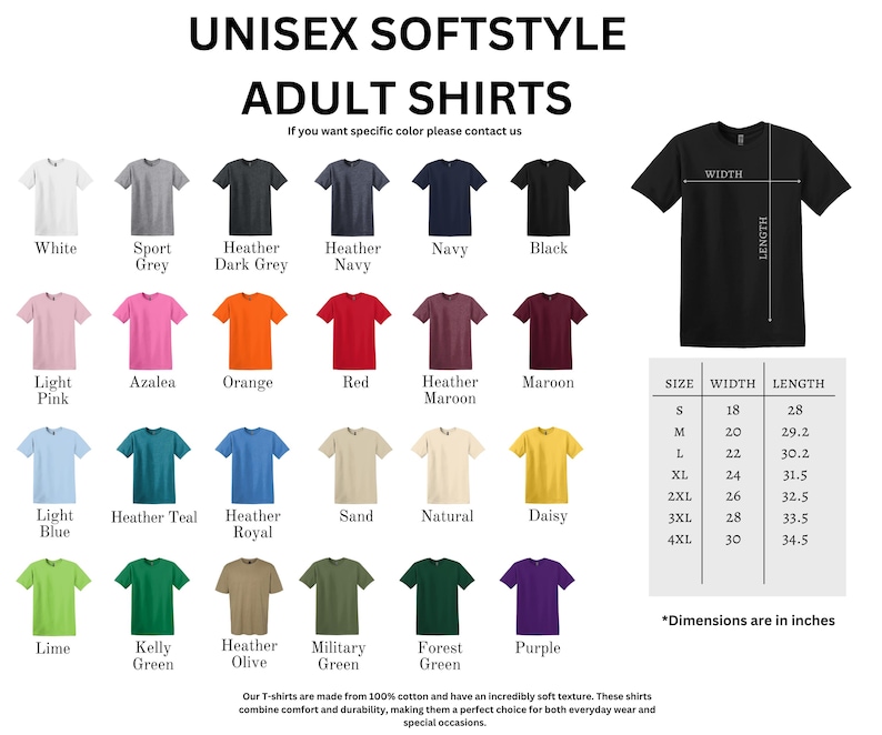 Może przedstawiać: Grafika przedstawiająca r&oacute;żnorodne koszulki unisex softstyle dla dorosłych w r&oacute;żnych kolorach, w tym białym, czarnym i granatowym. Dołączona jest tabela rozmiar&oacute;w z wymiarami w calach. Tekst brzmi "UNISEX SOFTSTYLE ADULT SHIRTS."