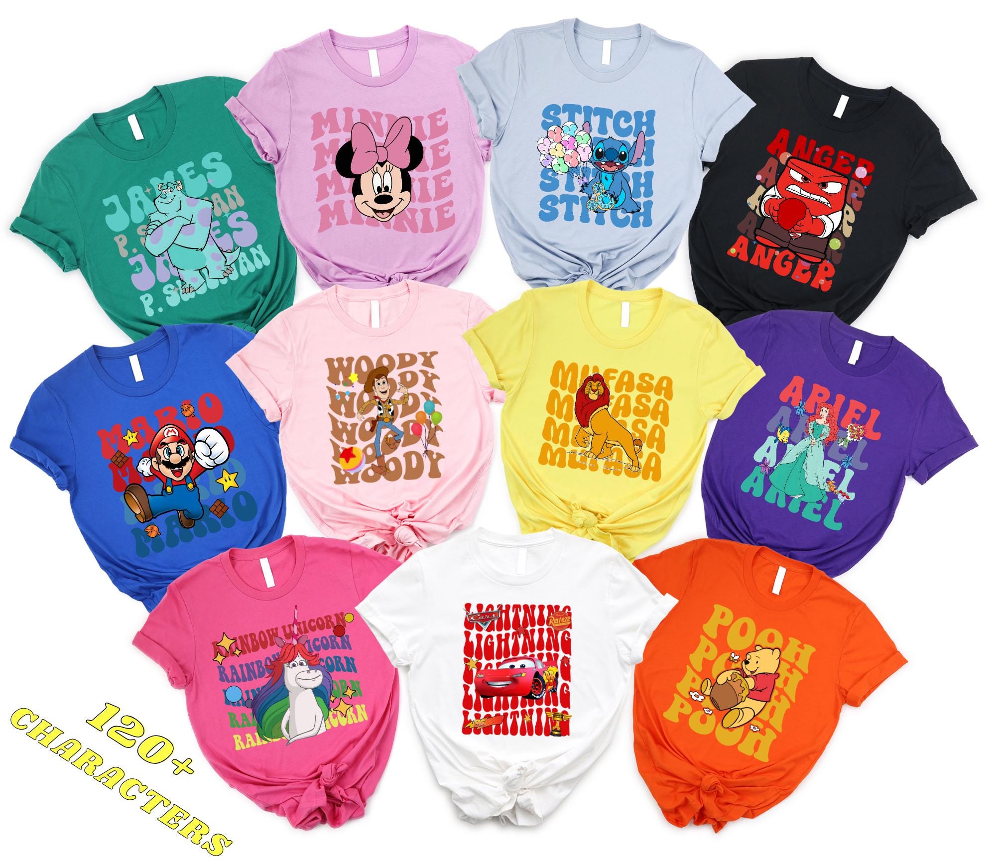 120+ Retro Style Disney Character Shirts, Family Matching Disney Vacation Shirts, Disney Birthday, Princesses, Heroes and Heroines