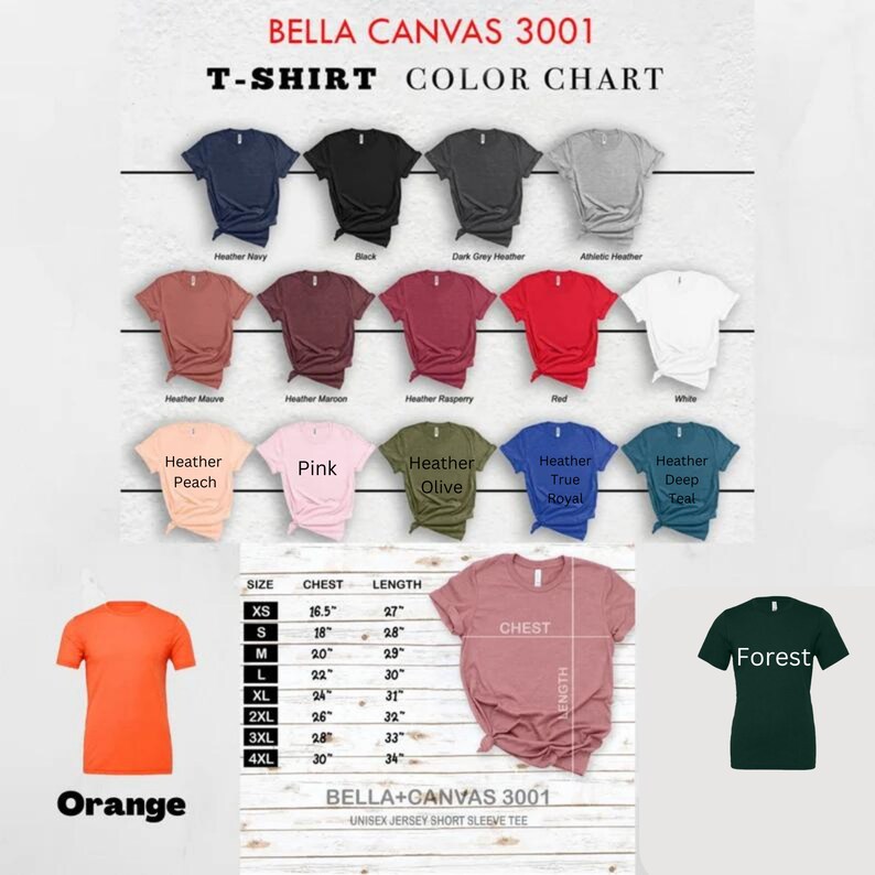 May include: Color chart for Bella + Canvas 3001 unisex jersey short sleeve t-shirts. The chart shows 16 different colors, including heather navy, black, dark grey heather, athletic heather, heather mauve, heather maroon, heather raspberry, red, white, heather peach, pink, heather olive, heather true royal, heather deep teal, orange, and forest. The chart also includes a size chart with measurements for chest and length in inches.