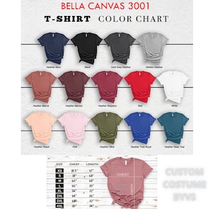 K&ouml;nnte beinhalten: Bella Canvas 3001 T-Shirt Farbkarte mit 15 verschiedenen Farboptionen. Die Karte zeigt die Farbe des Shirts, den Namen der Farbe und die Gr&ouml;&szlig;entabelle mit Brust- und L&auml;ngenma&szlig;en in Zoll. Die Gr&ouml;&szlig;entabelle umfasst die Gr&ouml;&szlig;en XS, S, M, L, XL, 2XL, 3XL und 4XL.