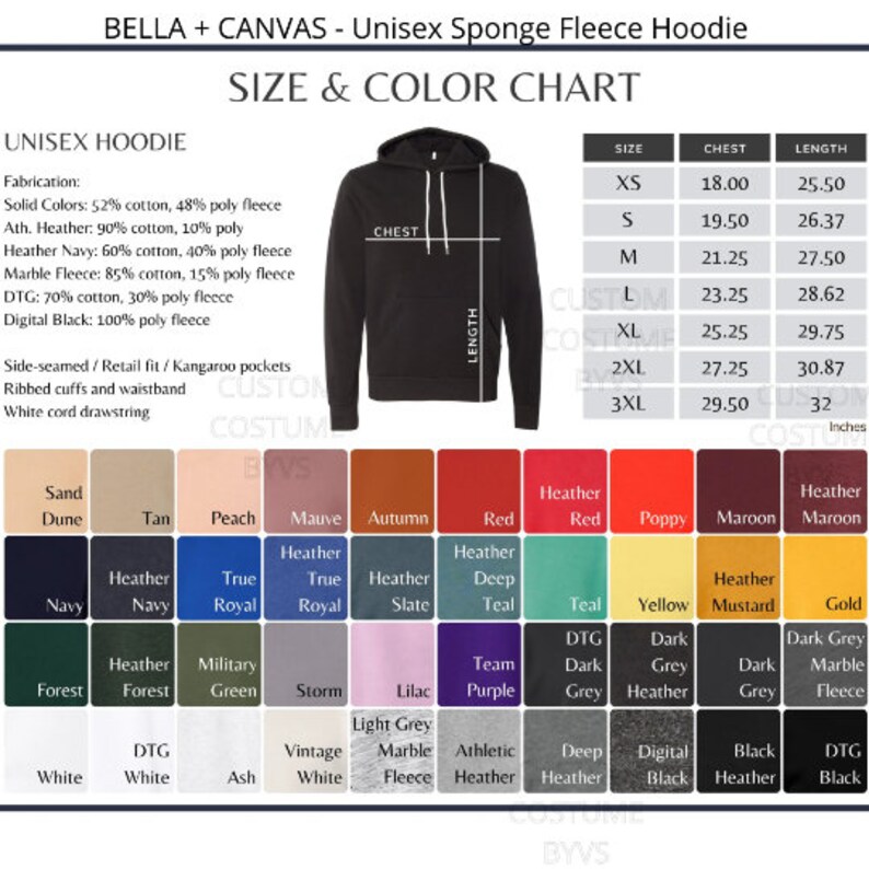 May include: Unisex sponge fleece hoodie size and color chart. The chart shows sizes XS to 3XL with corresponding chest and length measurements in inches. The chart also shows a variety of colors including sand dune, tan, peach, mauve, autumn, red, heather red, poppy, maroon, heather maroon, navy, heather navy, true royal, heather true royal, heather slate, deep teal, teal, yellow, heather mustard, gold, forest, heather forest, military green, storm, lilac, team purple, dtg dark grey, dark grey heather, dark grey, dark grey marble fleece, white, dtg white, ash, vintage white, light grey marble fleece, athletic heather, deep heather, digital black, black heather, and dtg black.