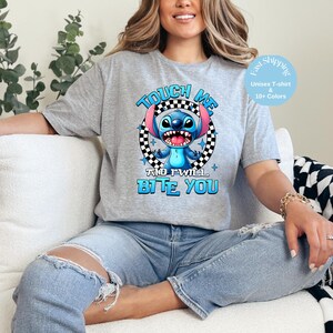 Funny Stitch Shirt – “Touch Me and I Will Bite You” Graphic Tee – Cute Alien Disney Shirt – Stitch Gift – Unisex Cartoon T-Shirt