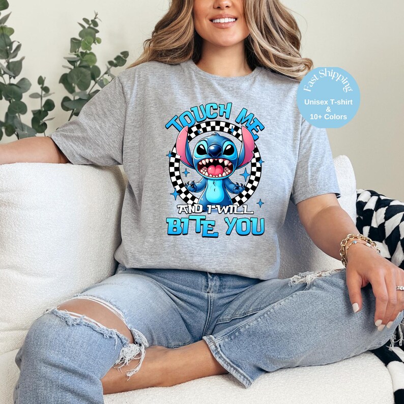 Funny Stitch Shirt – “Touch Me and I Will Bite You” Graphic Tee – Cute Alien Disney Shirt – Stitch Gift – Unisex Cartoon T-Shirt
