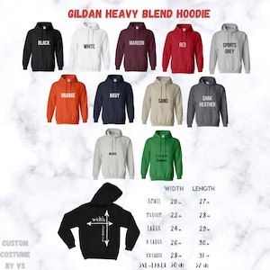 May include: A chart showing the different sizes and colors of Gildan heavy blend hoodies. The chart shows the width and length of each size in inches. The colors include black, white, maroon, red, sports grey, orange, navy, sand, dark heather, ash, and Irish green.