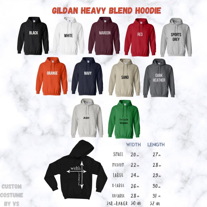May include: A chart showing the different sizes and colors of Gildan heavy blend hoodies. The chart shows the width and length of each size in inches. The colors include black, white, maroon, red, sports grey, orange, navy, sand, dark heather, ash, and Irish green.