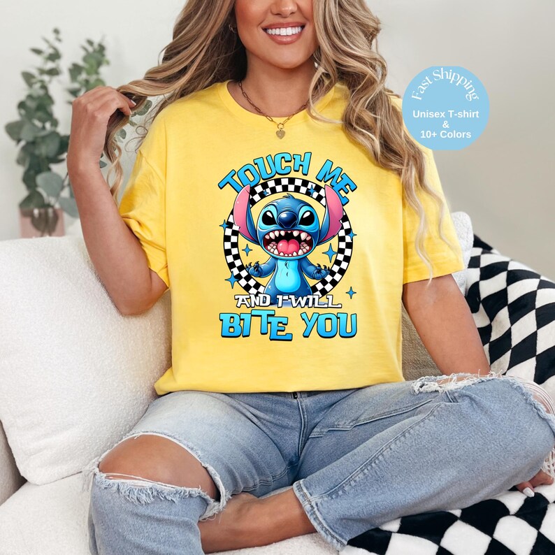 Funny Stitch Shirt – “Touch Me and I Will Bite You” Graphic Tee – Cute Alien Disney Shirt – Stitch Gift – Unisex Cartoon T-Shirt