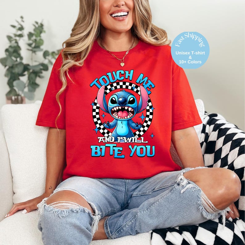 Funny Stitch Shirt – “Touch Me and I Will Bite You” Graphic Tee – Cute Alien Disney Shirt – Stitch Gift – Unisex Cartoon T-Shirt
