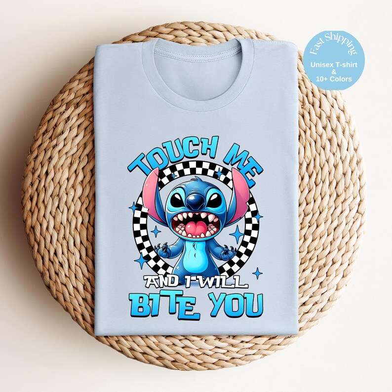 Funny Stitch Shirt – “Touch Me and I Will Bite You” Graphic Tee – Cute Alien Disney Shirt – Stitch Gift – Unisex Cartoon T-Shirt