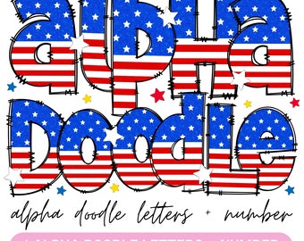 Amerikanische Flagge Glitter Doodle Alphabet, Patriotische Doodle Buchstaben, 4. Juli PNG Buchstaben, Rot Weiß Blau Sublimation, Alpha Set Designs