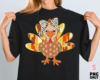 Kleurrijk coquette Turkije png, glitter kalkoen Thanksgiving png, dankbaar png, Dalmatische stippen coquette Bow herfst png, handgetekende, penseelstreek