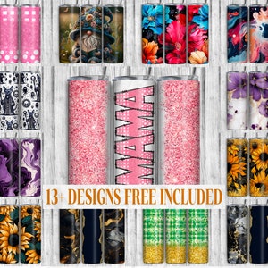 May include: A collection of 13+ tumbler designs featuring various patterns and graphics, including glitter, floral, abstract, and marble. The text "13+ DESIGNS FREE INCLUDED" is displayed on the image.