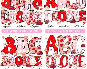 Pack4 Strawberry Doodle Alphabet Bundle, Summer Fruits PNG Letters, Numbers & Accessories, Strawberry Clipart, Strawberry Font doodle png