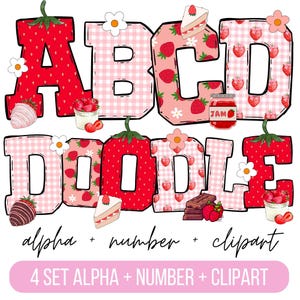 Pacchetto alfabeto scarabocchio fragola, lettere PNG di frutta estiva, numeri e accessori, clipart fragola, doodle carattere fragola png