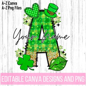 May include: Green and gold letter A with a plaid pattern, shamrock, and leprechaun hat. The letter is decorated with glitter and sparkles. The text "Your name" is written in black cursive above the letter. The image is on a white wood background.