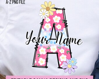 Pacchetto PNG con lettere dell'alfabeto Doodle floreale primaverile, MODELLO Canva, Crea le tue scenografie personalizzate per sublimazione Alpha PNG, Fiori png