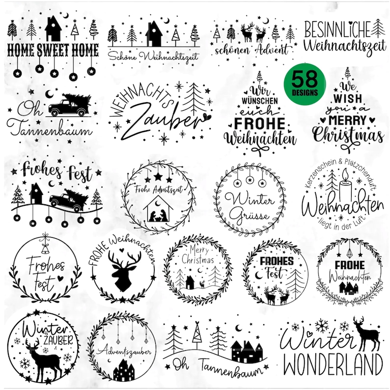 May include: A black and white illustration set of 24 Christmas designs. The designs feature wreaths, trees, stars, and text in German and English. The text includes "Home Sweet Home", "Frohes Fest", "Winter Wonderland", "Weihnachten", "Merry Christmas", and "Oh Tannenbaum".
