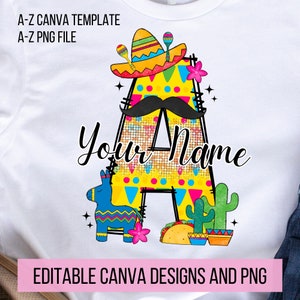 Cinco de mayo Doodle Letter PNG, agregue su propio nombre, plantilla CANVA, diseño de nombre personalizado para camisa familiar y para niños, Fiesta png