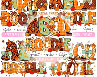 Può includere: Una collezione di clip art di alfabeto e numeri con un tema autunnale. Le lettere e i numeri presentano motivi come stampa leopardata, scozzese e floreale, con zucche, fiocchi e foglie. Il testo include "alpha + number + clipart".
