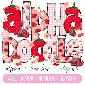 Paquete de alfabeto de doodle de fresa, letras PNG de frutas de verano, números y accesorios, imágenes prediseñadas de fresa, doodle de fuente de fresa png