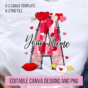 Letra de garabato de corazones rosas editable para el día de San Valentín, plantilla de Canva, crea tu propio nombre, personaliza el diseño de nombre personalizado para camiseta Png, A-Z