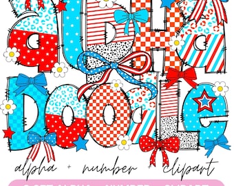 4. Juli Alphabet Set PNG, patriotisch, Doodle Letters mit der amerikanischen Flagge, Vorlage Alphabet, Doodle Letters, Retro American Flagge USA Coquette