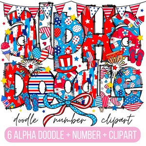 Alfabeto patriótico preppy doodle, letras PNG del 4 de julio, números y accesorios, sublimación en rojo, blanco y azul, alfabeto de bandera, conjunto alfa.