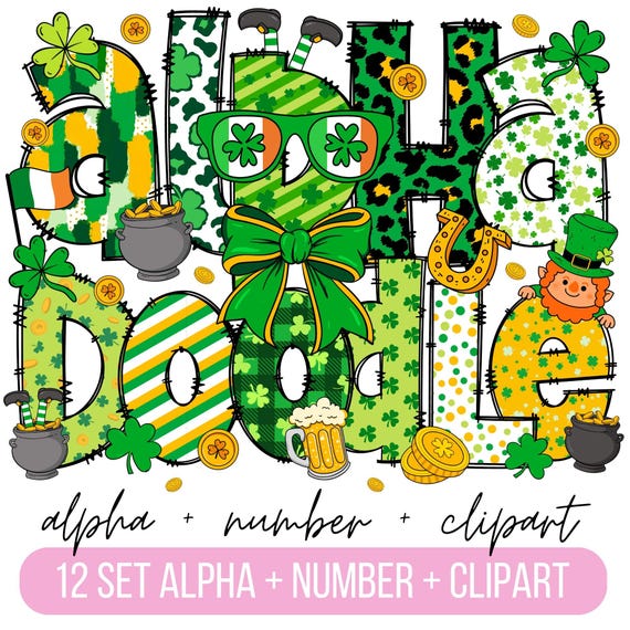 St.Patrick Doodle Letters,  Clover Alphabet PNG,  St.Patrick Day Clipart, Make your own Name, Clip Art Alphabet Doodle letters Set PNG