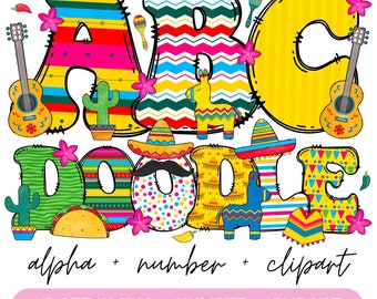 Zestaw Fiesta Doodle Alphabet, litery Fiesta PNG, cyfry i akcesoria, Cinco de Mayo Clipart, czcionka meksykańska, Fiesta Clipart, 10 zestawów doodle
