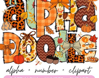 May include: A colorful digital design featuring the word "DOODLE" in various patterns, including leopard print, plaid, and autumn leaves. The design includes pumpkins, bows, and the text "alpha + number + clipart".