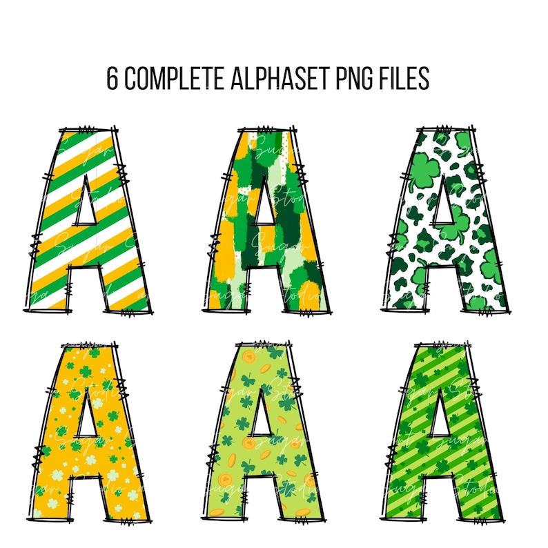 Puede incluir: Seis dise&ntilde;os diferentes de la letra A en un esquema de color verde y amarillo. Cada letra est&aacute; delineada en negro y tiene un patr&oacute;n diferente. Los patrones incluyen rayas, tr&eacute;boles y un patr&oacute;n abstracto verde y amarillo.
