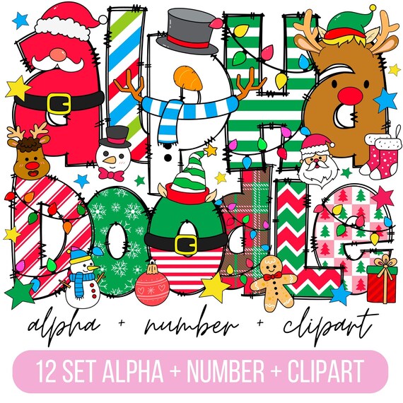 Christmas Doodle Alphabet Bundle, Santa PNG Letters, Numbers & Accessories, Christmas Clipart, Christmas Font, snowman doodle png, Reindeer