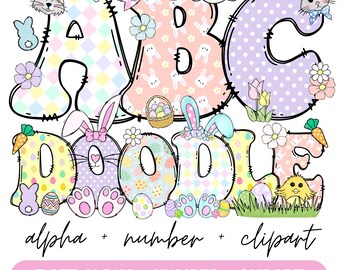 Könnte beinhalten: Ein Satz bunter Buchstaben des Alphabets und das Wort "DOODLE", verziert mit Ostern-Motiven, darunter Hasen, Eier und Blumen. Die Buchstaben sind schwarz umrandet und haben einen Patchwork-Stil.