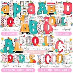 Pack5 Retro Back to School Teacher Doodle Alphabet Bundle, Teacher PNG Letters, Numbers & Accessories, Back to school Clipart, School Font