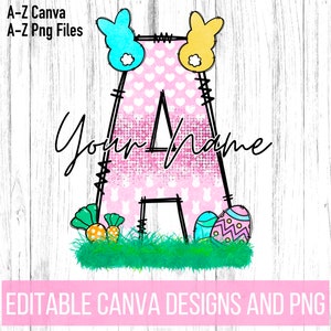 EDITABLE Día de Pascua Primavera Floral Conejito Huevos de Pascua Carta Doodle, Monograma de Pascua png, PLANTILLA CANVA, Haga su propia costumbre, Letras Png A-Z