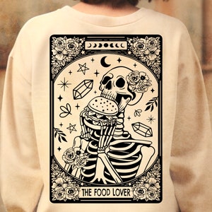 De voedselliefhebber Tarotkaarten SVG, Floral Tarotkaarten SVG, Skeleton PNG, grappige tarotkaarten SVG, schedel Tarot SVG, Spirituele PNG, Sublimatie