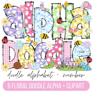 Letras del alfabeto floral de primavera PNG, paquete de imágenes prediseñadas de primavera PNG, insectos de primavera, acuarela de flores, garabatos dibujados a mano, conjunto de sublimación alfa PNG