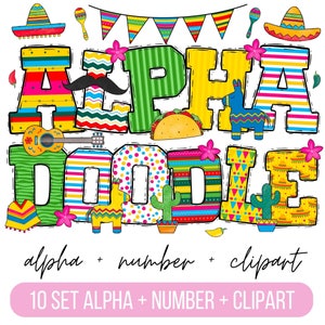 Fiesta Doodle Alphabet Bundle, Fiesta PNG Letras, Números y Accesorios, Cinco de Mayo Clipart, Fuente Mexicana, Fiesta Clipart, 10 set doodle