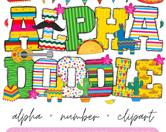Zestaw Fiesta Doodle Alphabet, litery Fiesta PNG, cyfry i akcesoria, Cinco de Mayo Clipart, czcionka meksykańska, Fiesta Clipart, 10 zestawów doodle