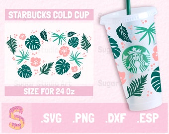 May include: A digital design for a 24 oz cold cup featuring a tropical leaf and flower pattern. The design includes a Starbucks logo and the text "STARBUCKS COLD CUP". The design is available in SVG, PNG, DXF, and ESP file formats.