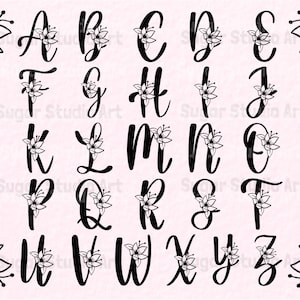 手書きの花柄アルファベット SVG バンドル、花柄文字 SVG、植物アルファベット SVG、花柄モノグラム カット ファイル、花柄モノグラム SVG、アルファベット SVG
