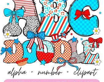 4. Juli Alphabet Set PNG, patriotisch, Doodle Letters mit der amerikanischen Flagge, Vorlage Alphabet, Doodle Letters, Retro American Flagge USA Coquette