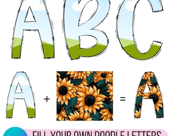Fill your own Doodle Letters on CANVA, Drag and Drop Alphaset Alphabet Letters PNG Editable Canva Frame Designs, Commercial Use Allowed