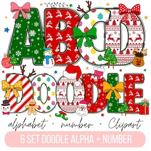 Christmas Doodle Letters, Christmas Alphabet PNG, Christmas Letters, Christmas Sublimation Letters, Clip Art Alphabet Doodle Set PNG, Santa