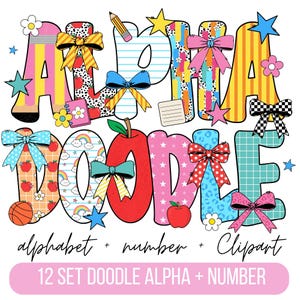 Teacher Doodle Alphabet PNG, Back to School Clipart, Numbers (12 Set)