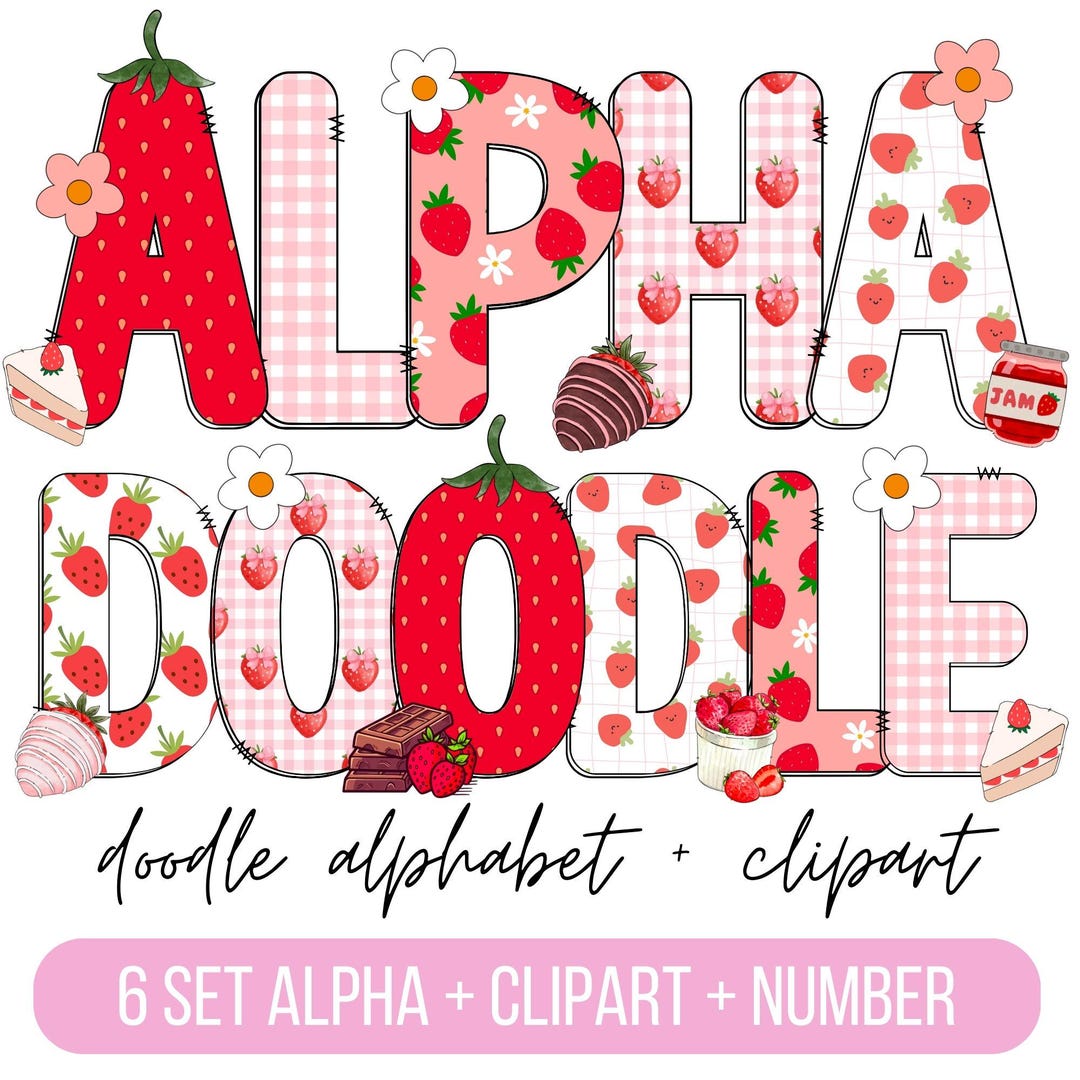 Strawberry Doodle Alphabet Bundle, Summer Fruits PNG Letters, Numbers ...