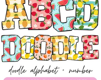 Summer Alphabet Letters PNG Bundle, summer Clipart png, Fruit Doodle letters , Summer Font, Hand Drawn Doodle, Sublimation Alpha Set Designs