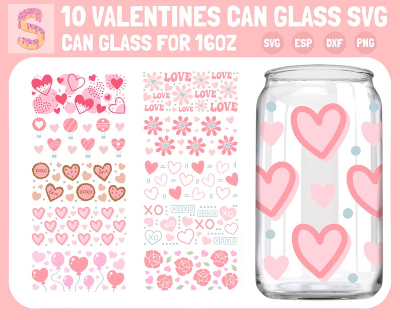 Op de afbeelding: Een set van 10 Valentijnsdag-thema SVG-ontwerpen voor 473 ml blikjesglazen. De ontwerpen omvatten harten, bloemen, ballonnen en de woorden "LOVE" en "XOXO".