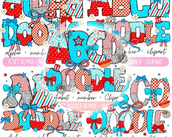 Pack5 4. Juli Alphabet Set, patriotisch, Amerikanische Flagge Doodle Buchstaben, Vorlage Alphabet, Gekritzelbuchstaben, Retro Amerikanische Flagge USA Kokette
