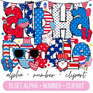 Alfabeto patriótico con doodle, letras, números y accesorios PNG del 4 de julio, sublimación en rojo, blanco y azul, alfabeto de banderas, diseños de conjuntos alfabéticos