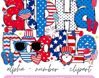Patriotic Doodle Alphabet Bundle, 4th of July PNG Letters, Numbers & Accessories, Red White Blue Sublimation,Flag Alphabet,Alpha Set Designs